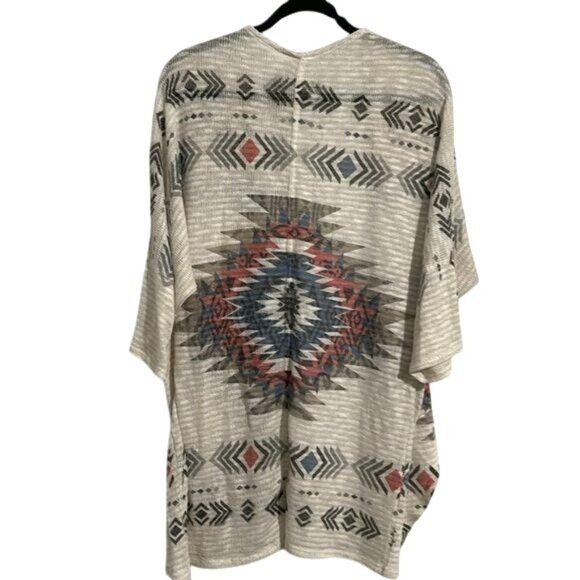 Aztec Print Open Front Cardigan Kimono Style Lightweight Knit Beige One Size Fit - Picture 6 of 7